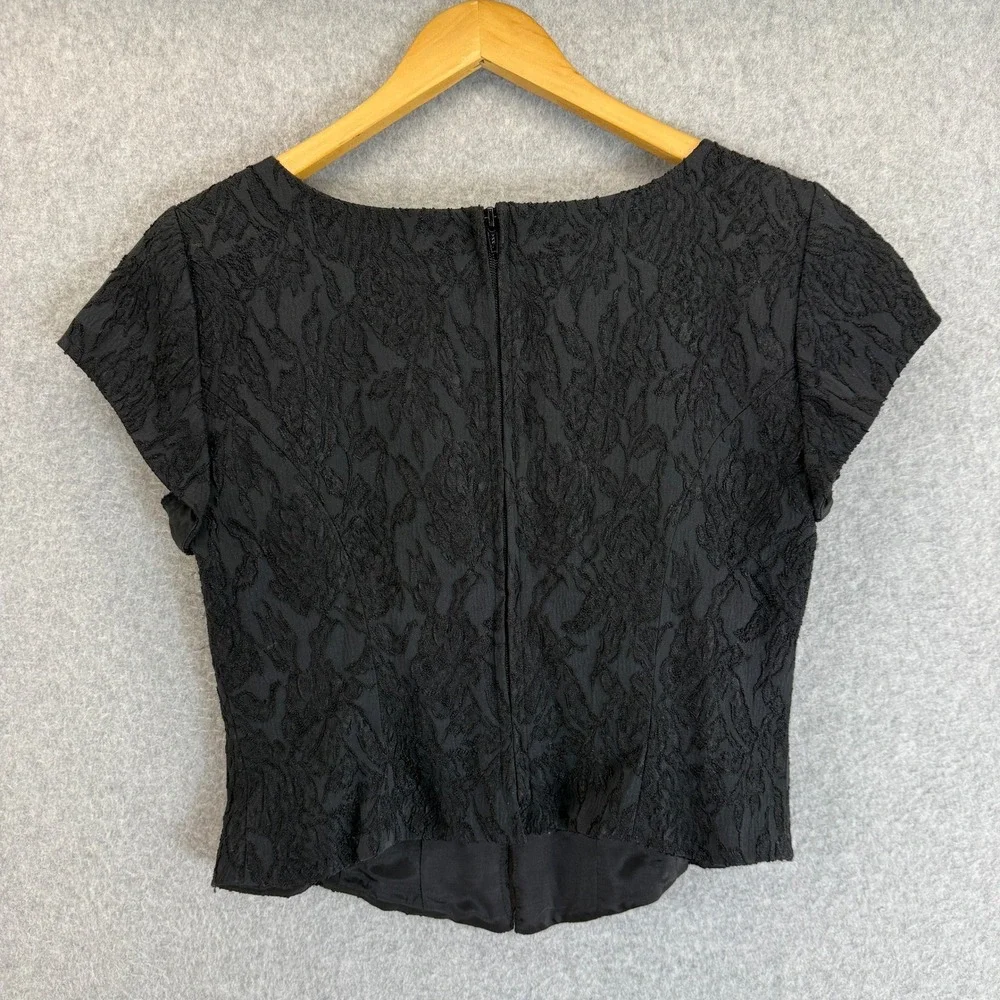 Hampton Nites Vintage 90s Black Lace Silver Brocade Rhinestone Cap Sleeve Blouse - Picture 7 of 14